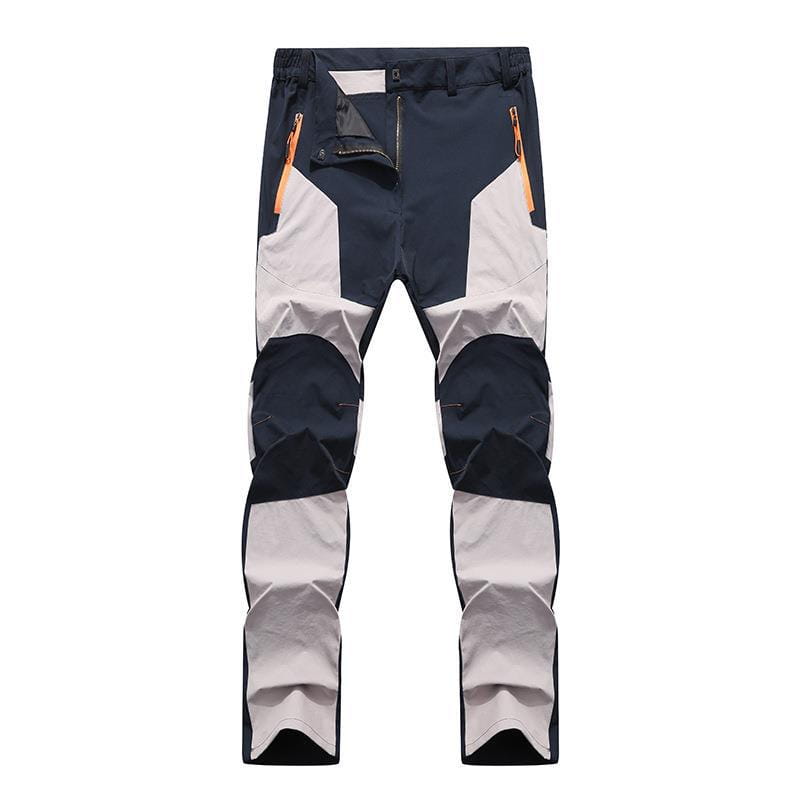 Unisex tactical outdoor hiking pants featuring dark navy and light gray panels with orange zipper accents designed for durability and functionality.