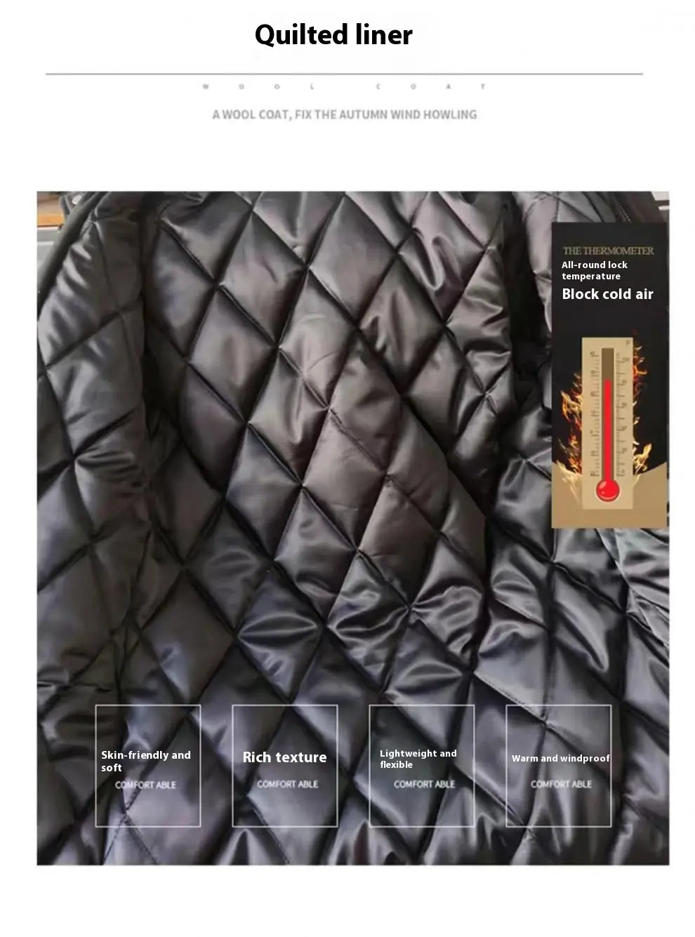 Black quilted wool coat liner with diamond-stitched pattern for men hooded trench coat false two piece winter jacket.