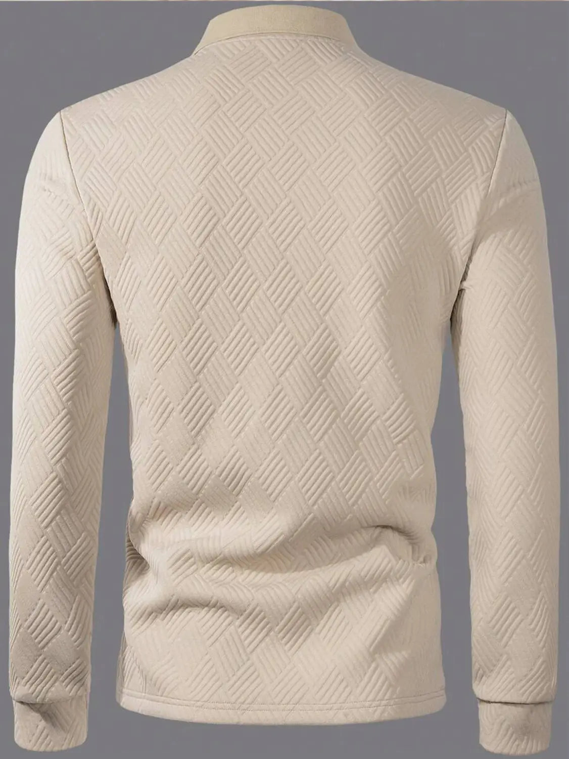 Herren-Poloshirt mit langen Ärmeln und Fischgrätenmuster in Beige mit dezenter Textur im Diamantmuster und weichem Stoff.