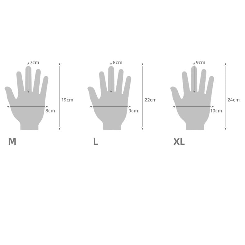 Gray hand silhouette diagrams showing medium large and extra-large sizes for men’s white cotton work gloves with reinforced fingertips.