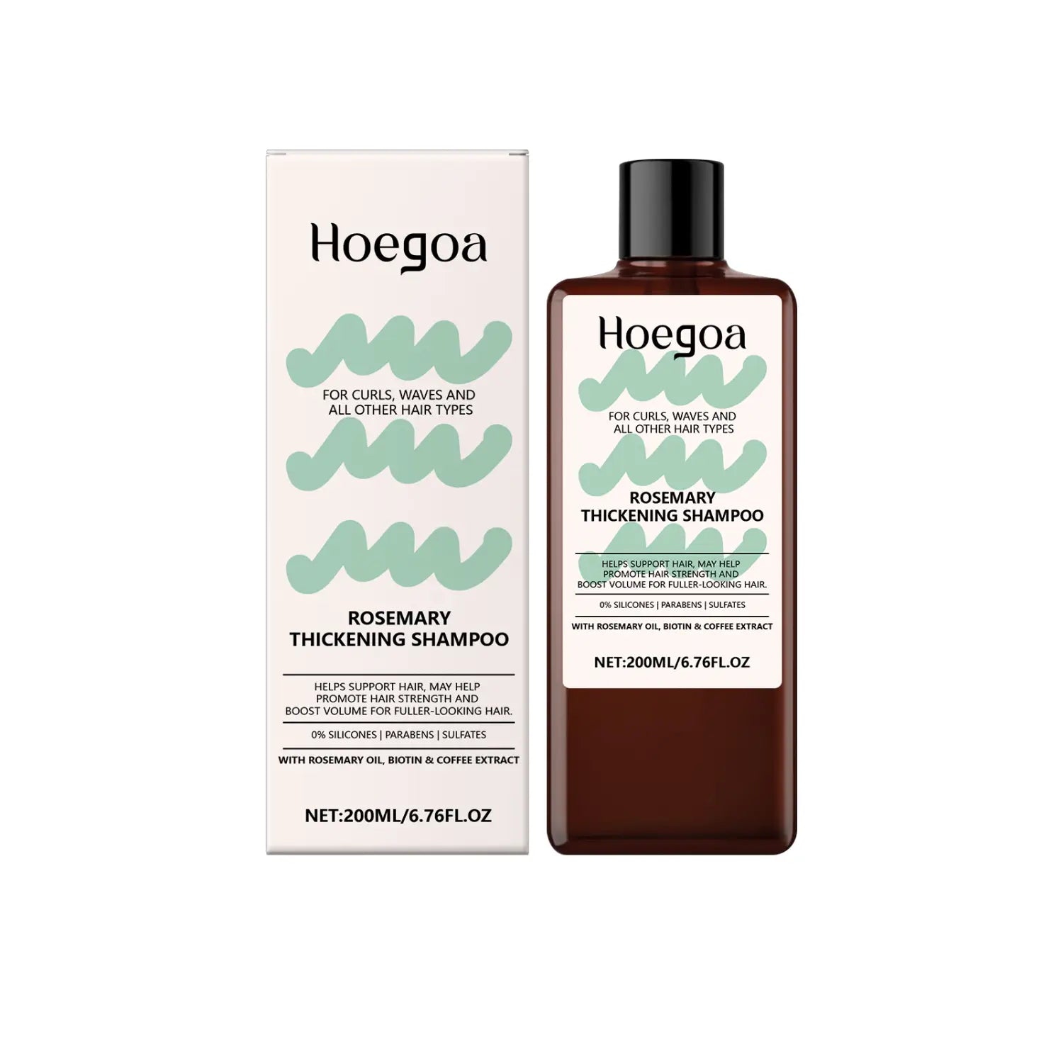 Champú espesante de romero Hoegoa en un frasco de plástico marrón con tapa negra y embalaje blanco con gráficos ondulados verde menta que contiene biotina y café para realzar el volumen del cabello.