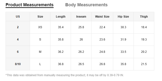 A table displaying product measurements including length inseam waist hip and thigh dimensions for geometric knitted leggings high waisted casual women.