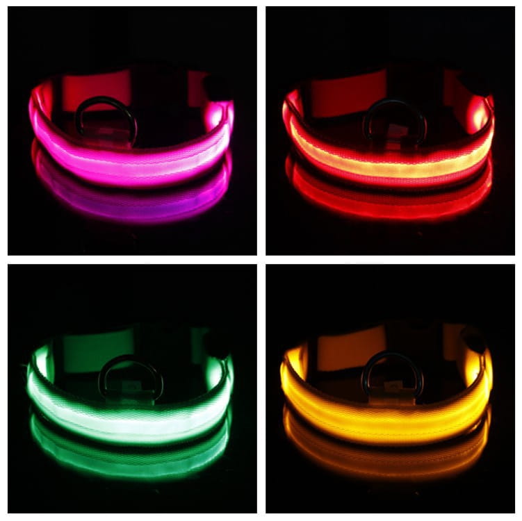 充電式の発光LED犬用首輪。ピンク・赤・緑・黄でご用意。ペットの安全のための照明