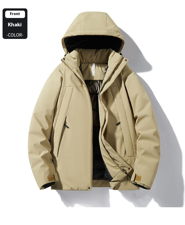 Khaki-colored hooded winter windproof waterproof puffer jacket with a quilted exterior and black-lined interior.