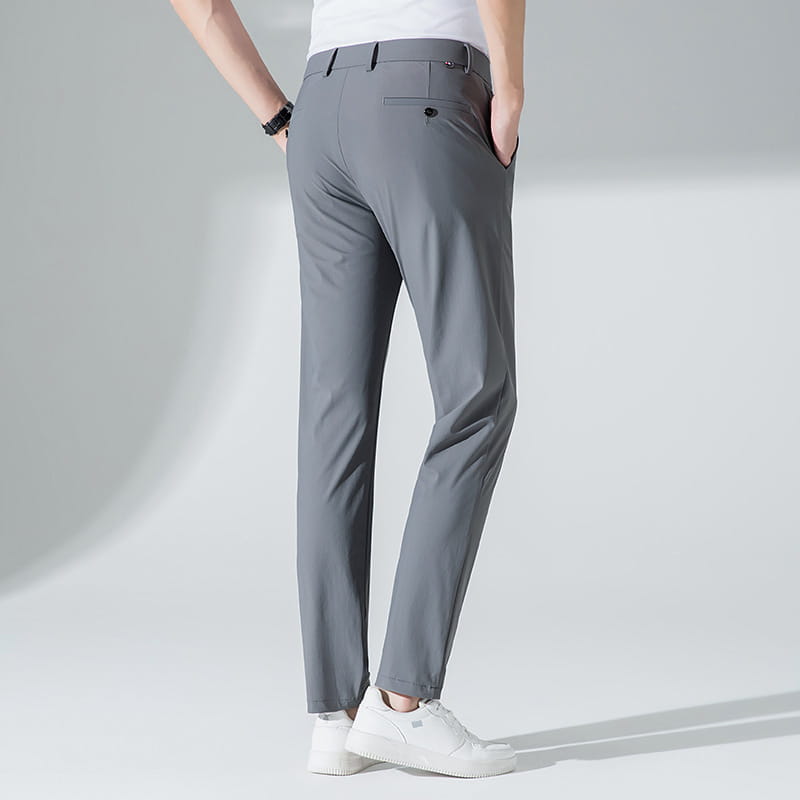 Men plus size gray slim-fit chino trousers with stretch fabric and subtle stitching details for casual wear.