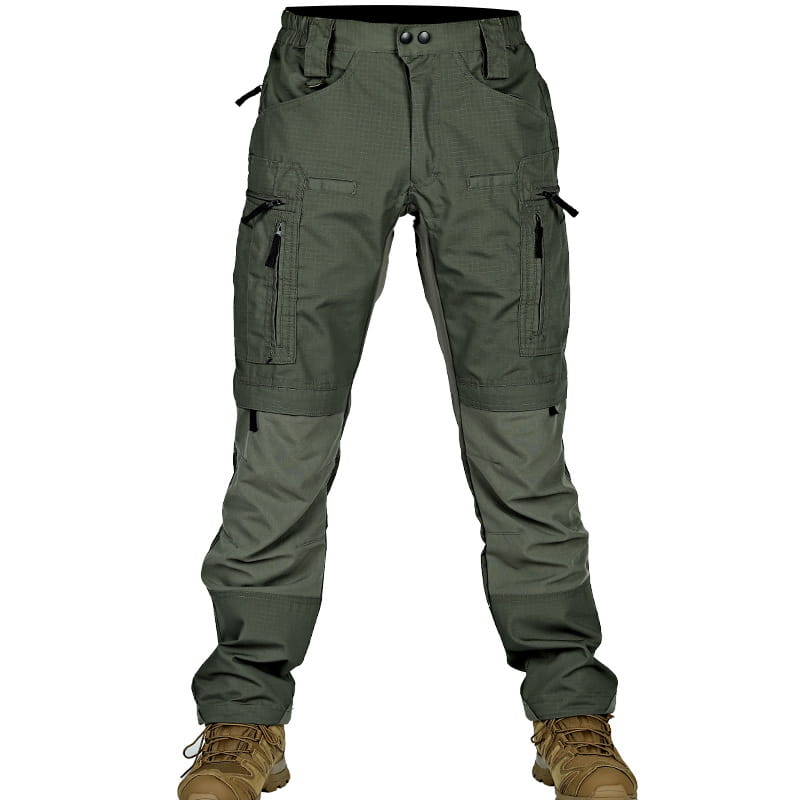 Pantalons cargo tactiques vert olive pour hommes, avec plusieurs poches zippées et panneaux de genoux renforcés, conçus pour un usage militaire.