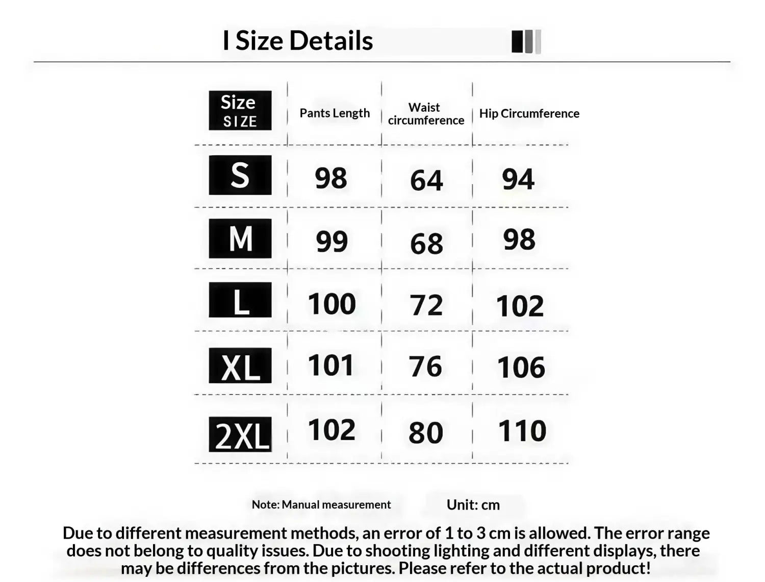 Tableau des détails des tailles en centimètres pour les pantalons cargo femme à taille haute, jambes larges, kaki, présentant des mesures de la taille S à 2XL.