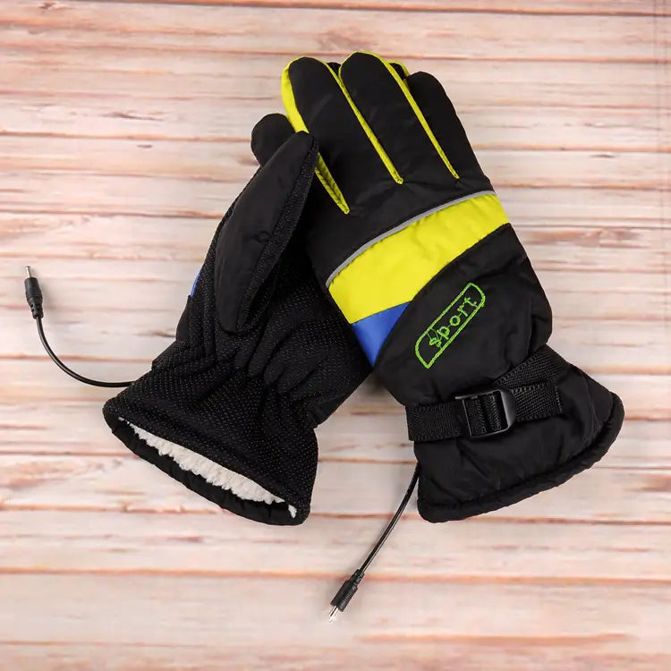 Black electric heated gloves for winter sport riding with bright yellow and blue accents and sport logo on the wrist strap shown from the back side.