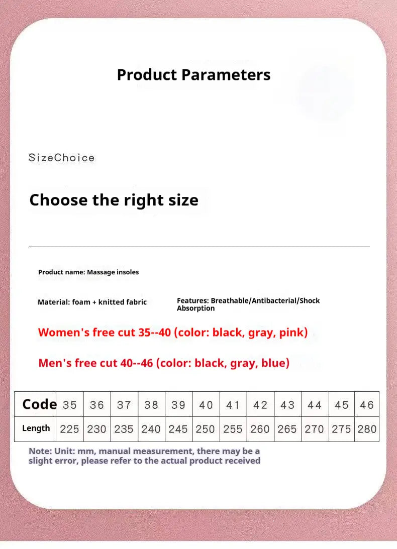 black gray and pink foam and knitted fabric antibacterial massage insoles with shock absorbing arch support available in sizes 35 to 46