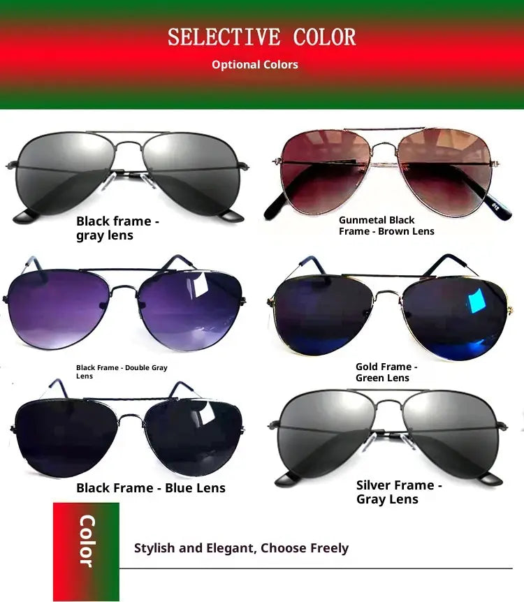 Classic gold rimmed aviator UV protection sunglasses in various frame colors including black gunmetal gold and silver with lens shades ranging from gray to brown blue green and double gray.