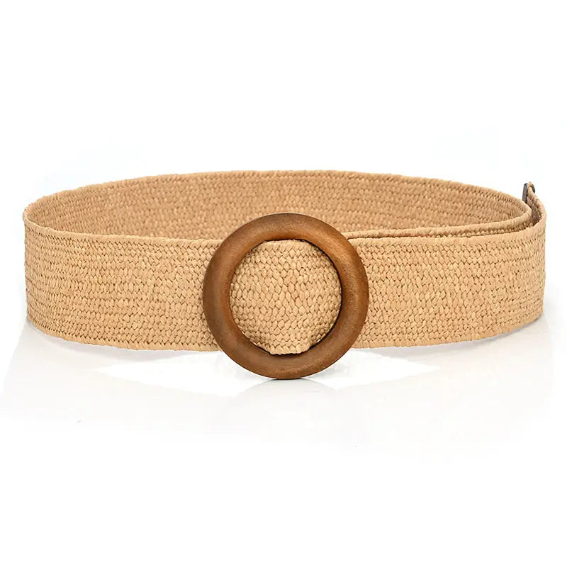 Beige woven elastic belt with a wooden round buckle showcasing a natural textured design.