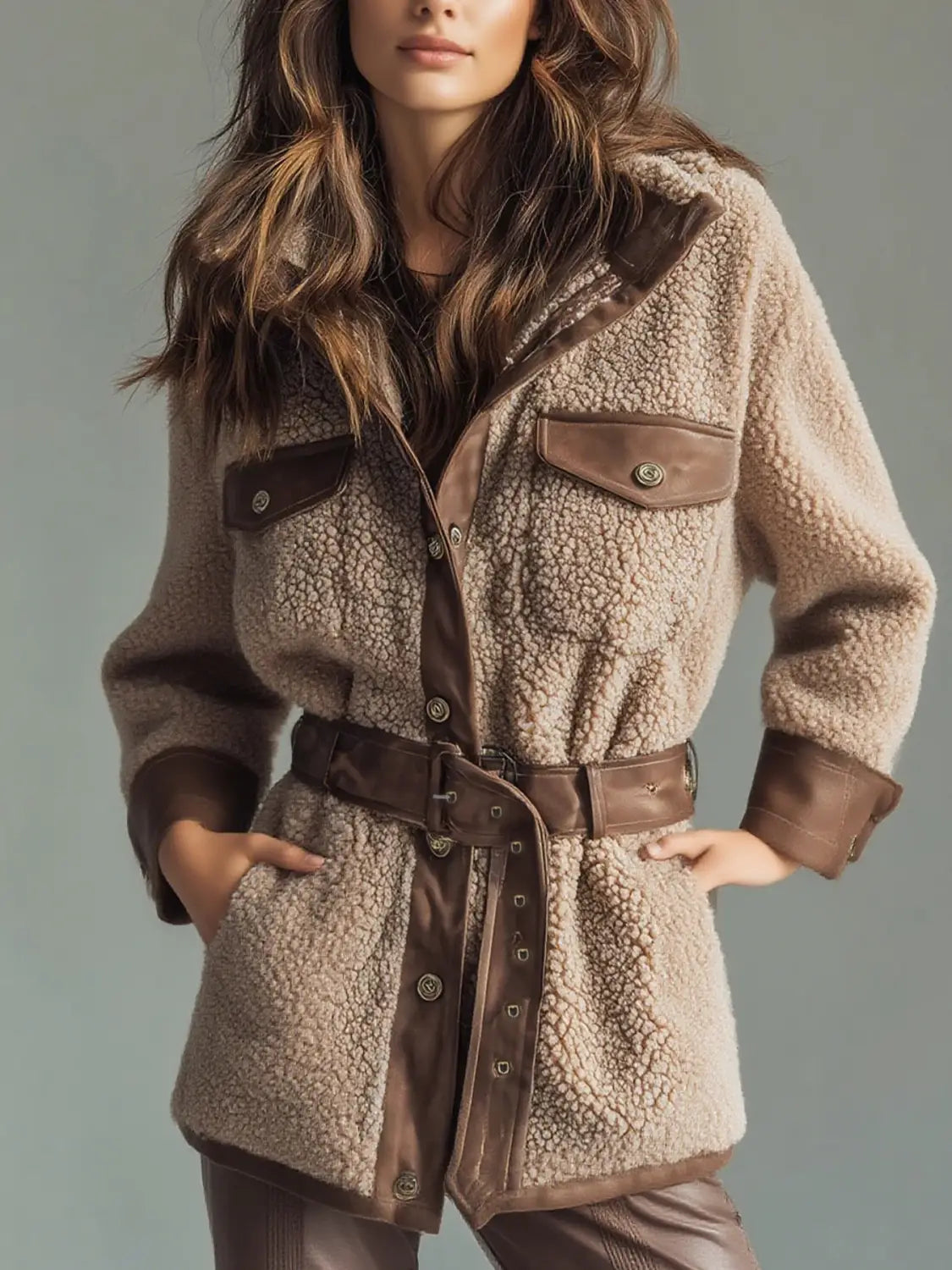 Beiger Shearling-Besatz-PU-Leder-Mantel mit Taillengürtel, mit braunen Lederakzenten und passendem Gürtel.