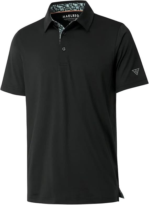 Schwarzes Maelreg Herren-Golfpolohemd mit schnell trocknendem, atmungsaktivem Stoff, mit dezentem strukturiertem Finish und kontrastierendem gemustertem Innenkragen.