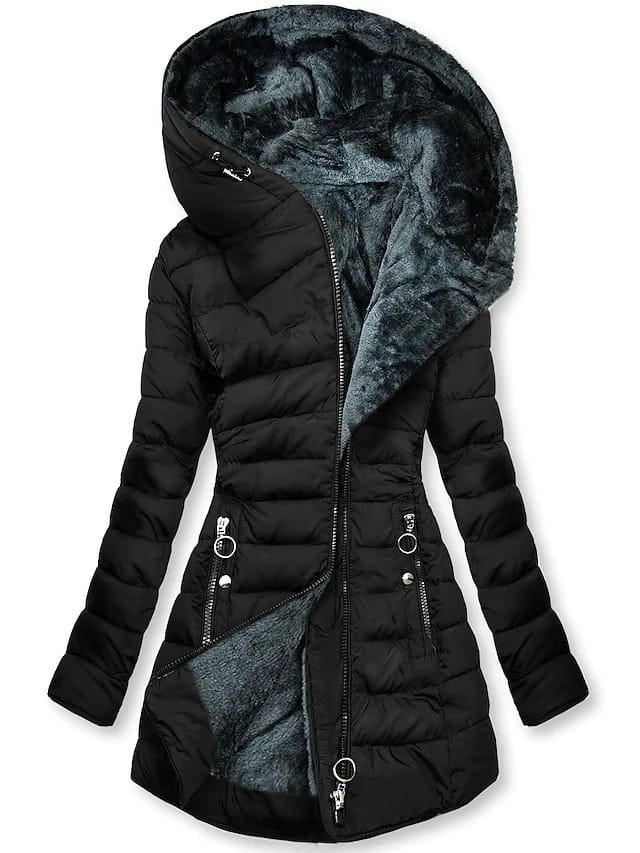 Black quilted winter coat with plush dark gray faux fur-lined hood and matching interior lining designed for cold weather use.