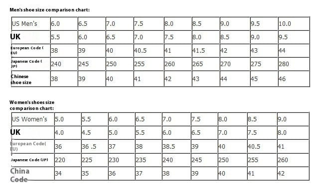 men’s trail running shoes breathable mesh sneakers size comparison chart displaying conversions between us uk european eu japanese jp and chinese shoe sizes for men and women