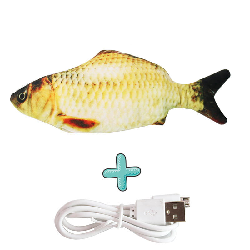 A plush, realistic-looking interactive electric fish cat toy with a yellowish-white body and dark fins, usb rechargeable and designed for pet entertainment.