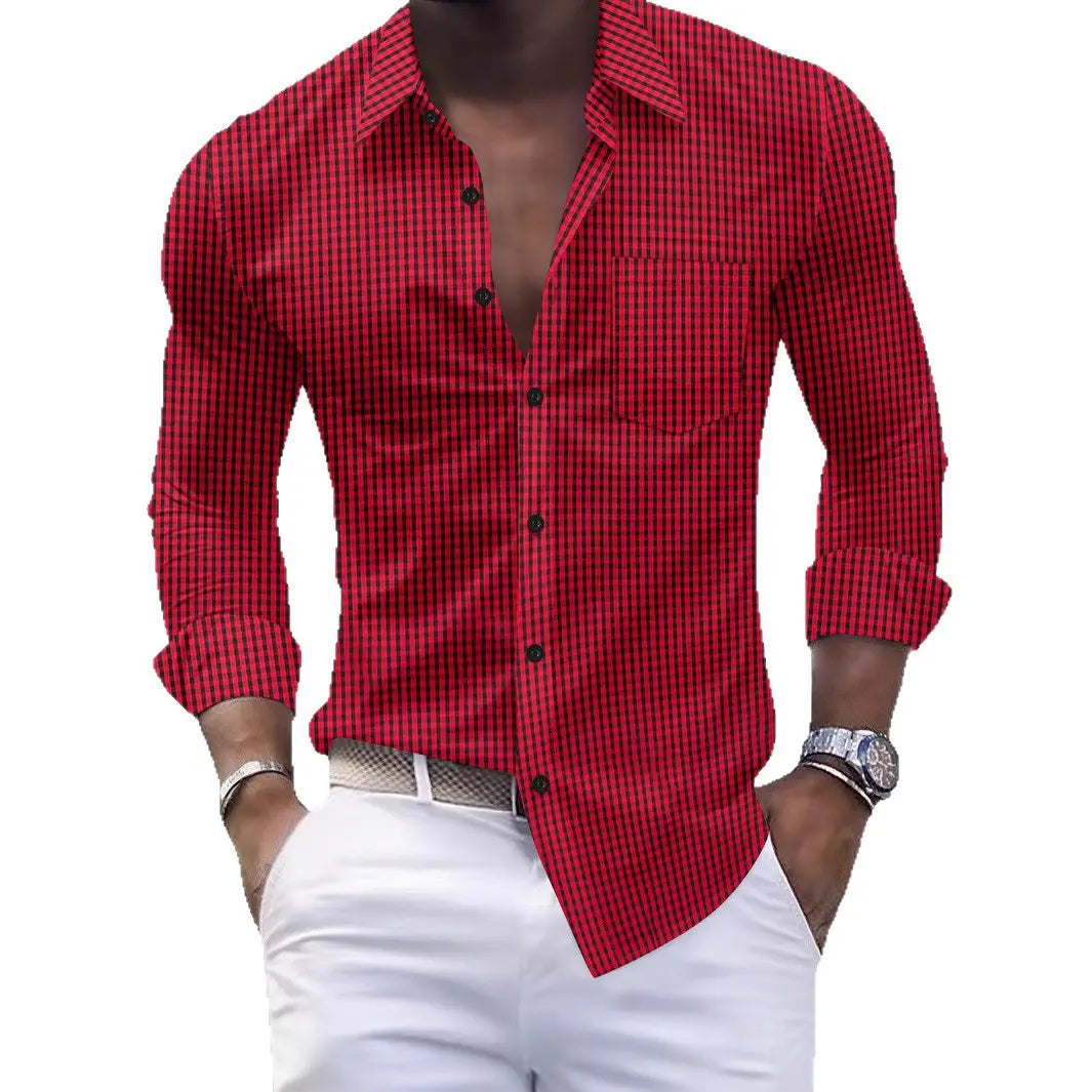Herren Slim-Fit-Karo-Freizeithemd mit Knopfleiste im roten und schwarzen Karomuster mit langen Ärmeln und umgeschlagenen Manschetten.