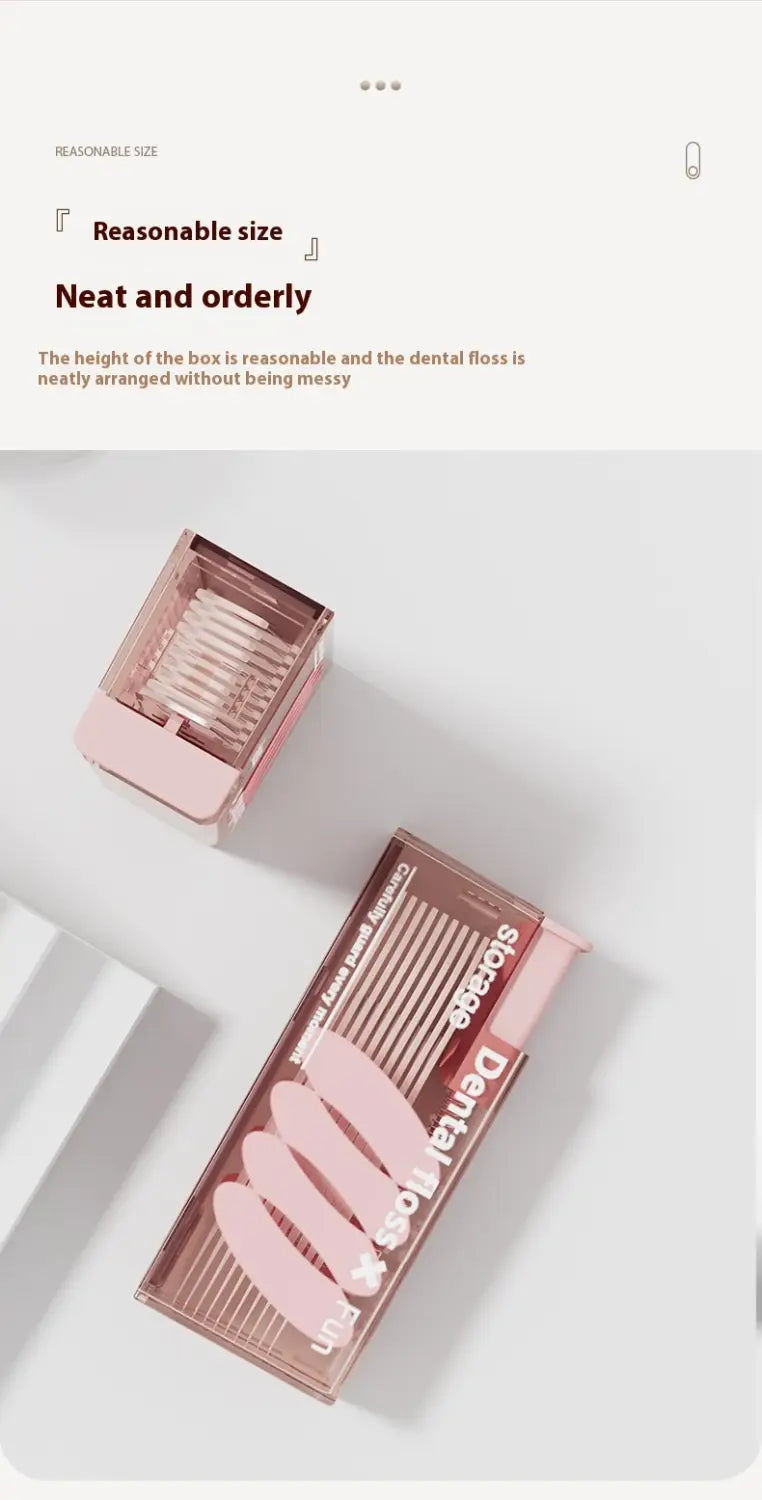 Dispensador automático de apertura emergente para caja portátil de hilo dental en plástico translúcido rosa, con tapa transparente y carretes de hilo blanco en el interior