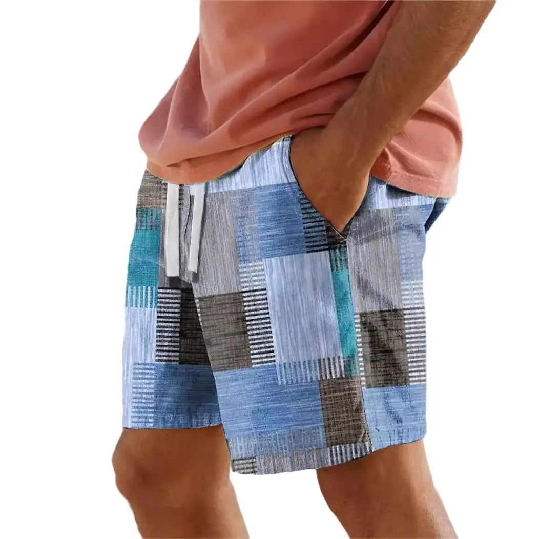 Men’s patchwork houndstooth streetwear casual shorts in blue and gray with a textured woven fabric design.