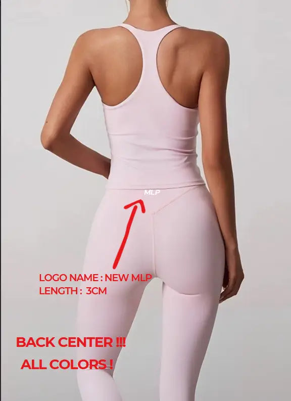 A soft pink high-waisted fitness one-piece outfit with a form-fitting racerback top and seamless leggings featuring an mlb logo on the back center.