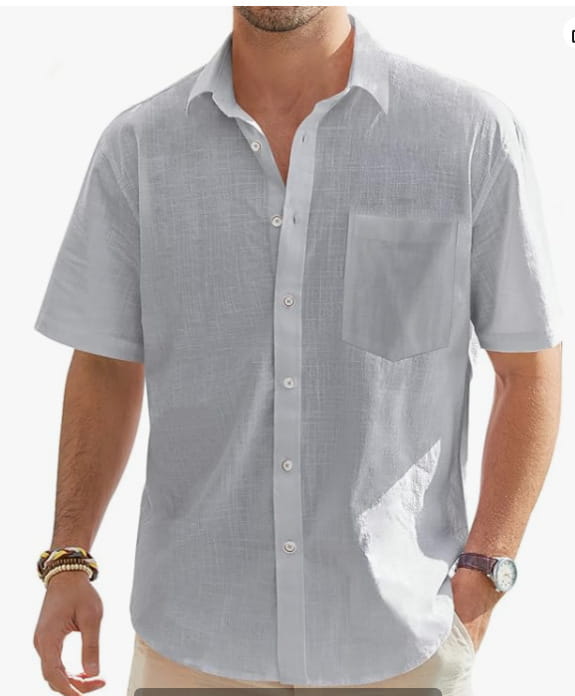 Hellgraues, kurzärmeliges Cotton-Linen-Hemd mit Knopfleiste für Herren mit Brusttasche.