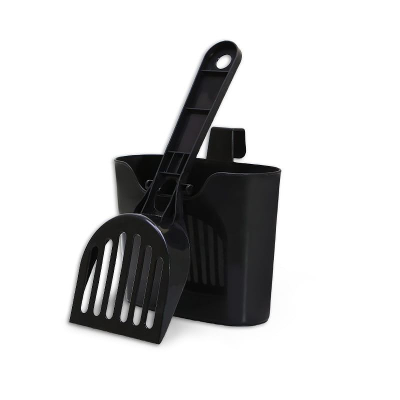 Pelle à litière pour chat en plastique noir, avec long manche et ensemble de support assorti, conçue pour un nettoyage efficace de la litière