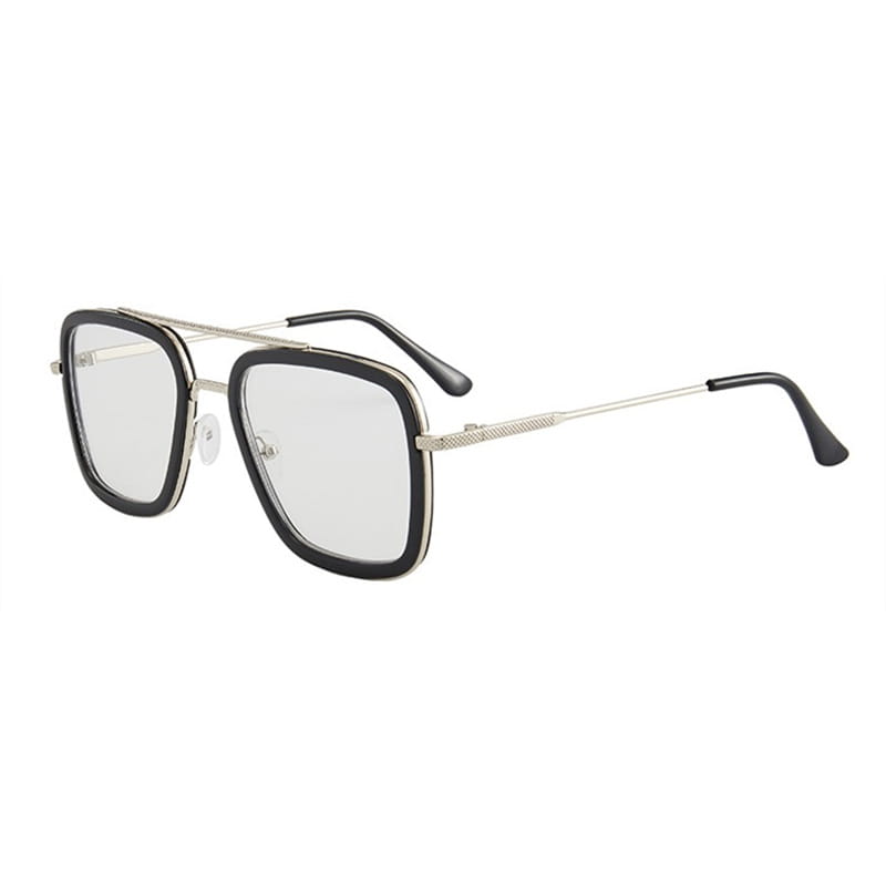 Retro square double bridge unisex fashion sunglasses featuring a black and silver frame with a metal construction and a stylish square design.