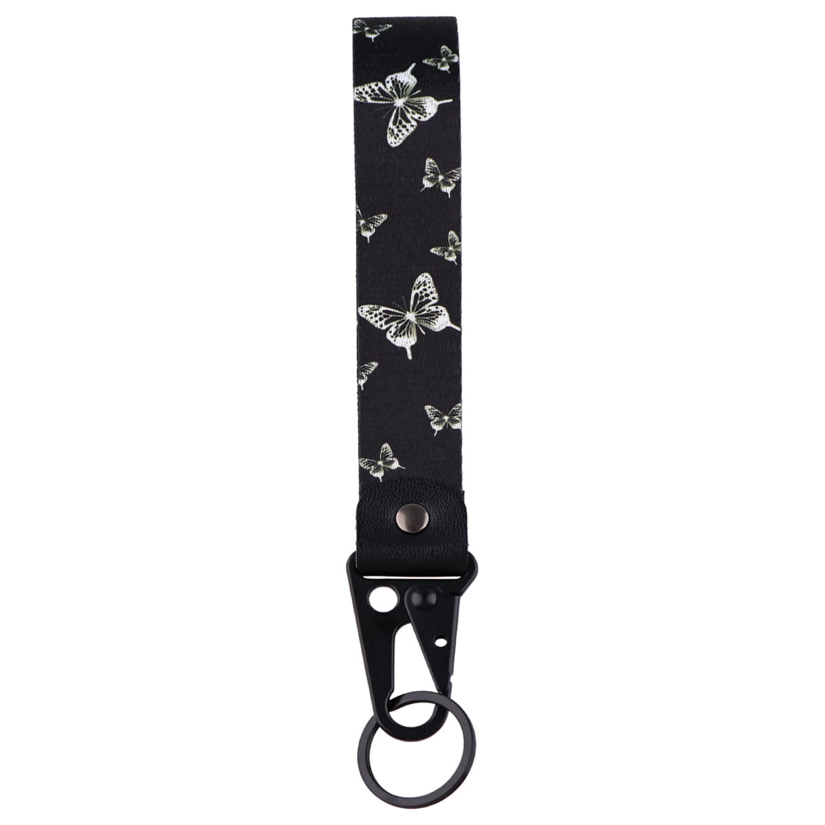 Black fabric butterfly wrist strap keychain with white butterfly pattern and black metal carabiner clip Tk57