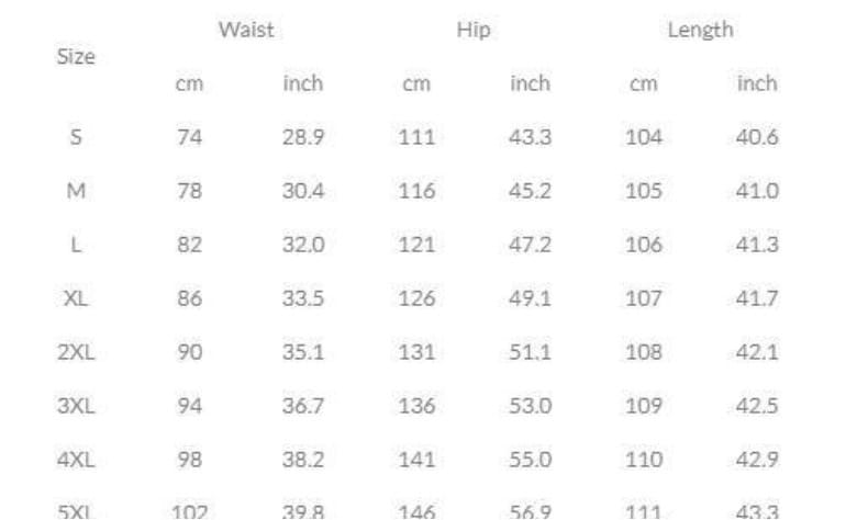 Tableau des tailles pour le pantalon décontracté ample à jambes larges imprimé numérique, indiquant des mesures en centimètres et en pouces selon les tailles de S à 5XL.