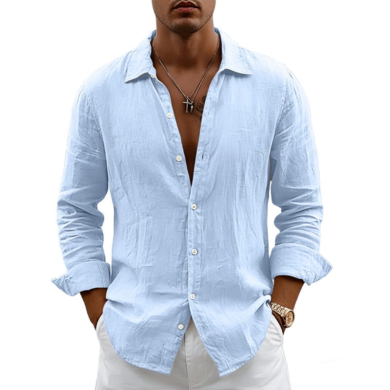 Men’s slim fit linen blend long sleeve casual shirt in light blue with rolled cuffs and textured fabric.