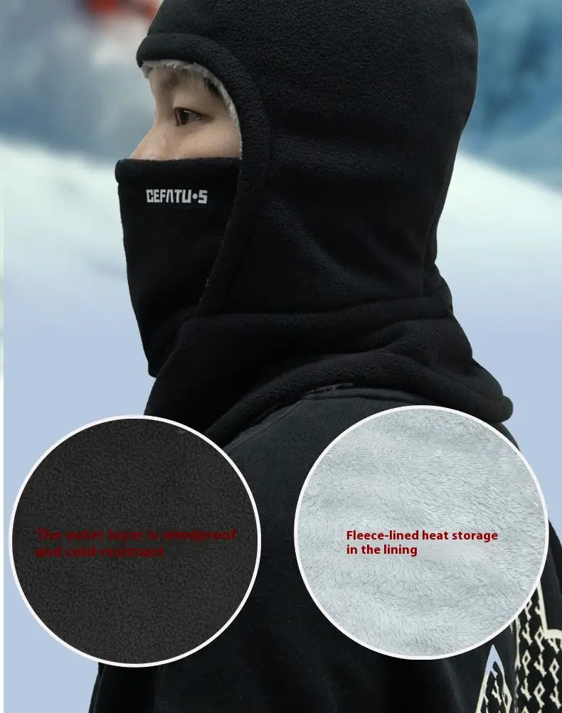 Black fleece hooded balaclava with soft insulated interior for warmth designed as a winter thermal hat