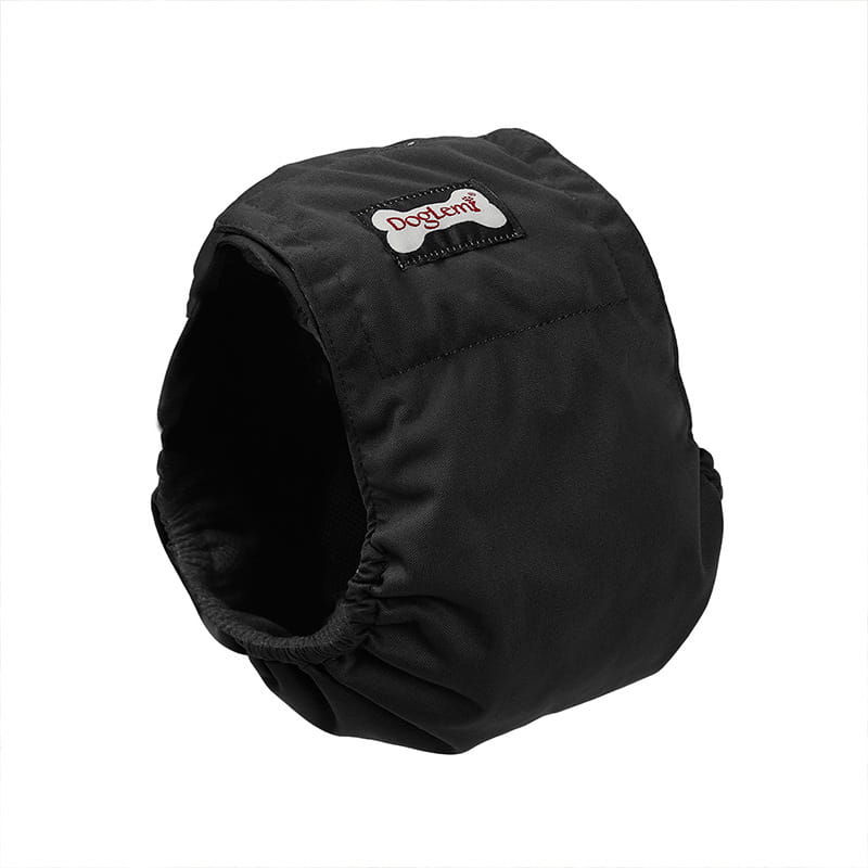 Schwarzer doglent waschbarer männlicher Hundewindelhöschen, hygienischer Gürtel aus robustem Stoff mit elastischen Kanten und einem verstärkten Knochen-förmigen Logo-Patch.