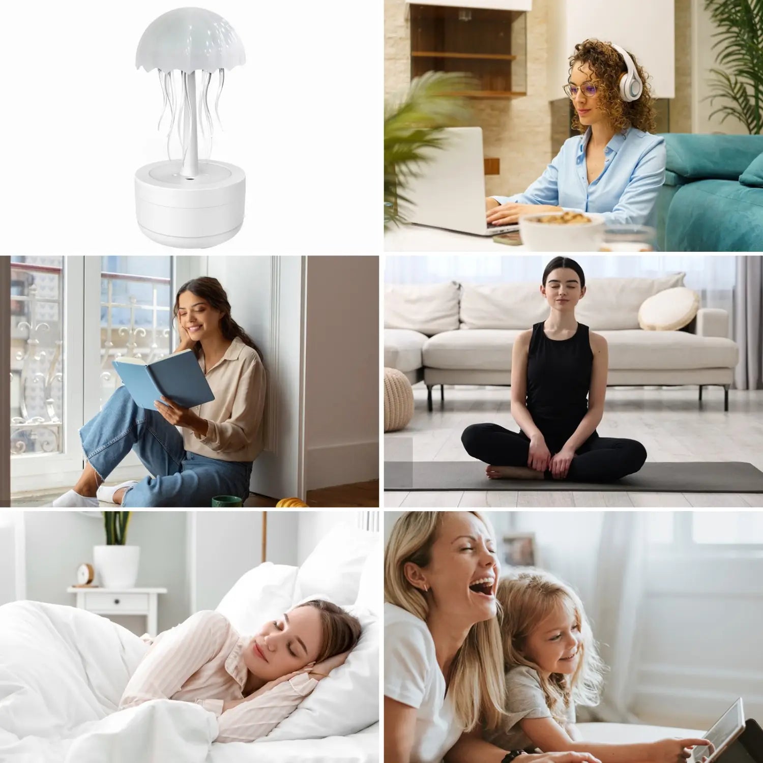 White jellyfish-shaped humidifier with translucent dome and dangling tentacles featuring 7 color LED essential oil diffuser functionality.
