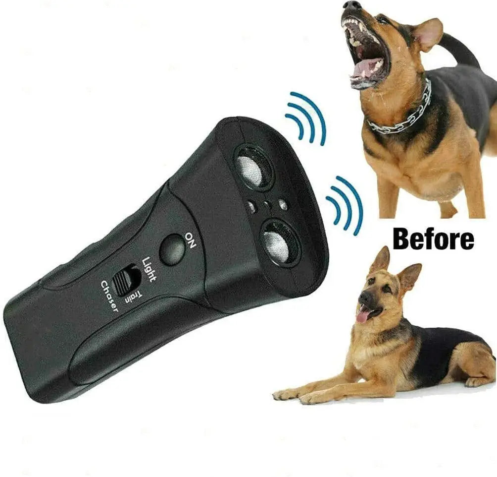 Black plastic ultrasonic dog repeller and 3 in 1 training device with two speaker openings control buttons labeled on and light and a dial for selecting between chatter or train.