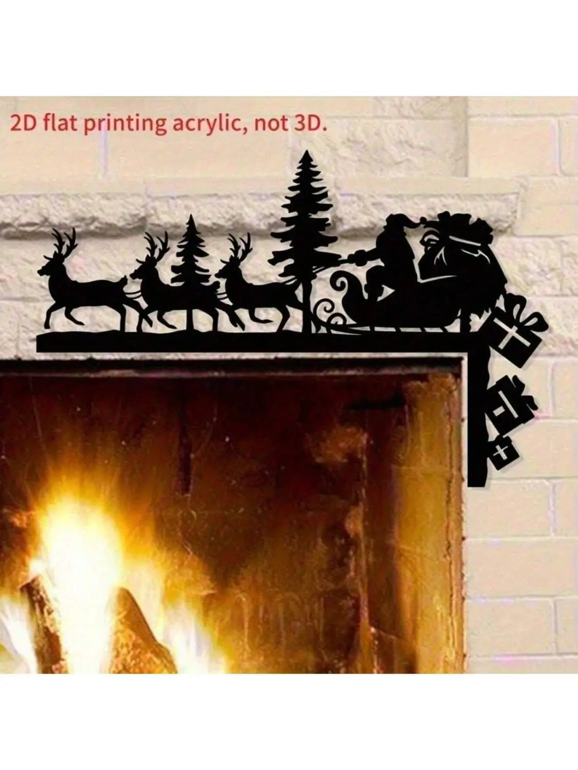 Décoration de cheminée de Noël en acrylique noir du traîneau du Père Noël, présentant le Père Noël dans un traîneau tiré par des rennes, des sapins et des cadeaux enveloppés.