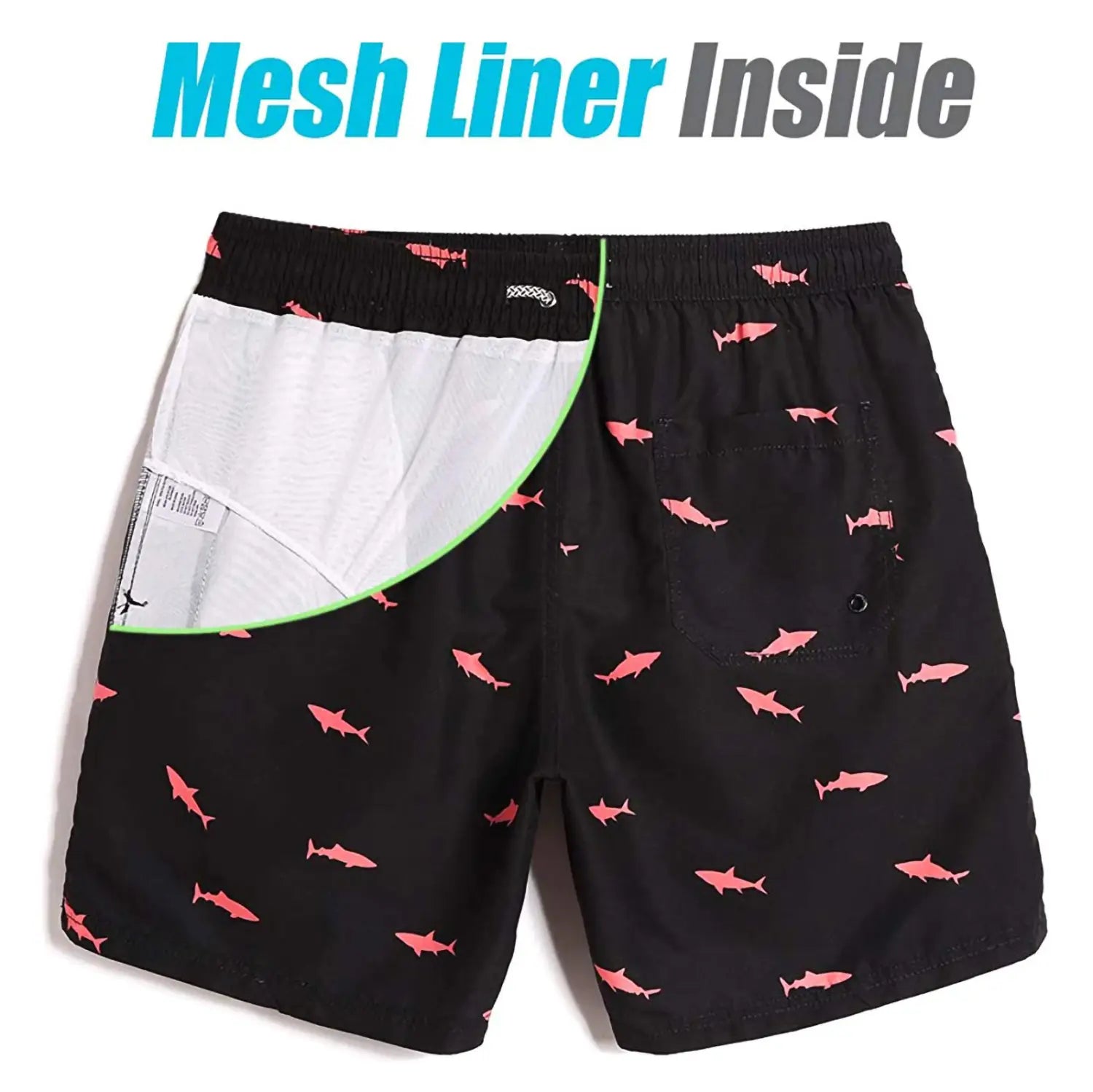shorts de bain séchage rapide pour hommes à imprimé de requin rose, de couleur noire, avec un motif ludique de requin rose, une ceinture élastique et une doublure en maille blanche à l’intérieur