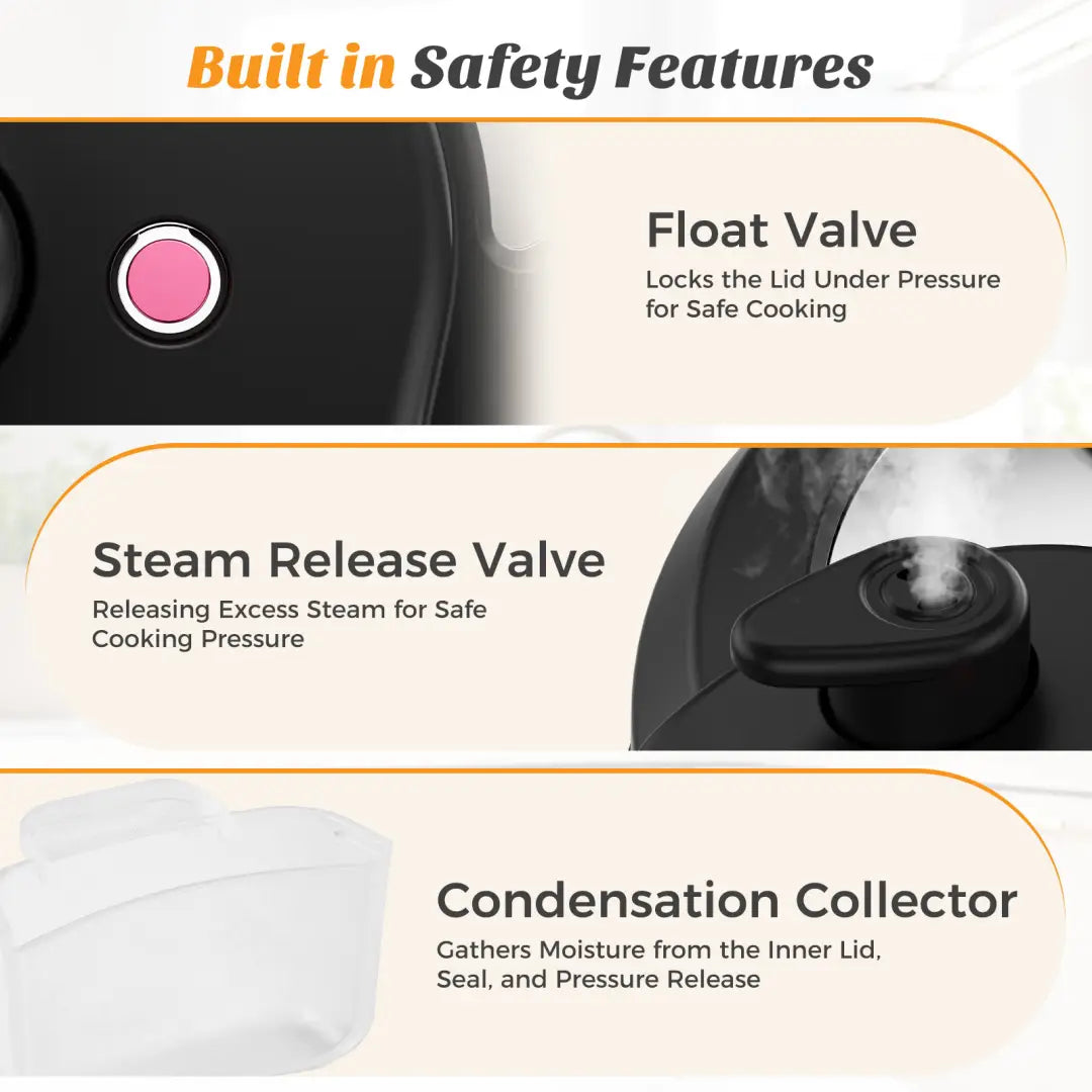 Black electric pressure cooker digital multi cooker with pink safety button float valve and steam release valve shown from the front.
