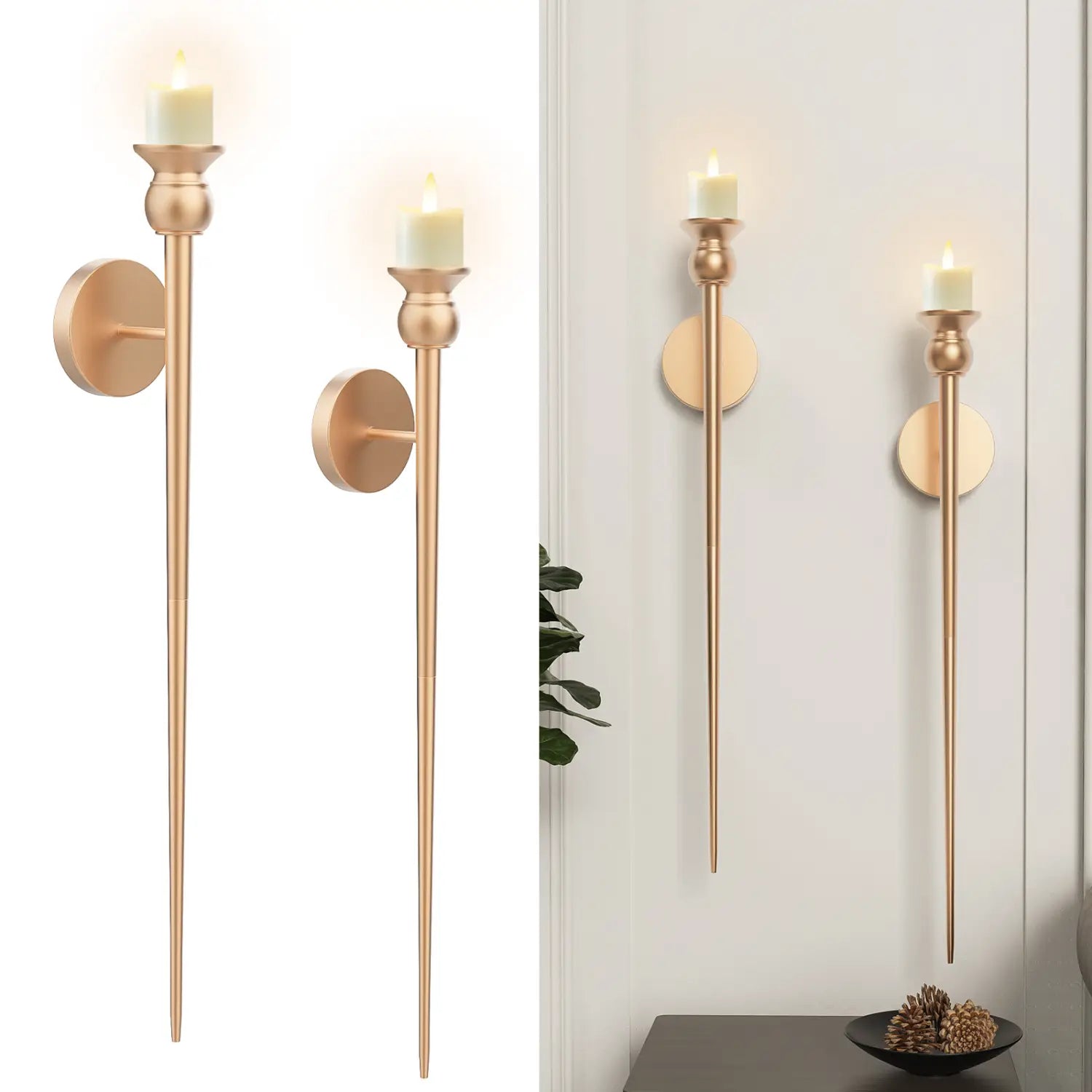 gold-toned wall sconce with battery operated candle featuring slender elongated stems and circular backplates measuring 33 inch