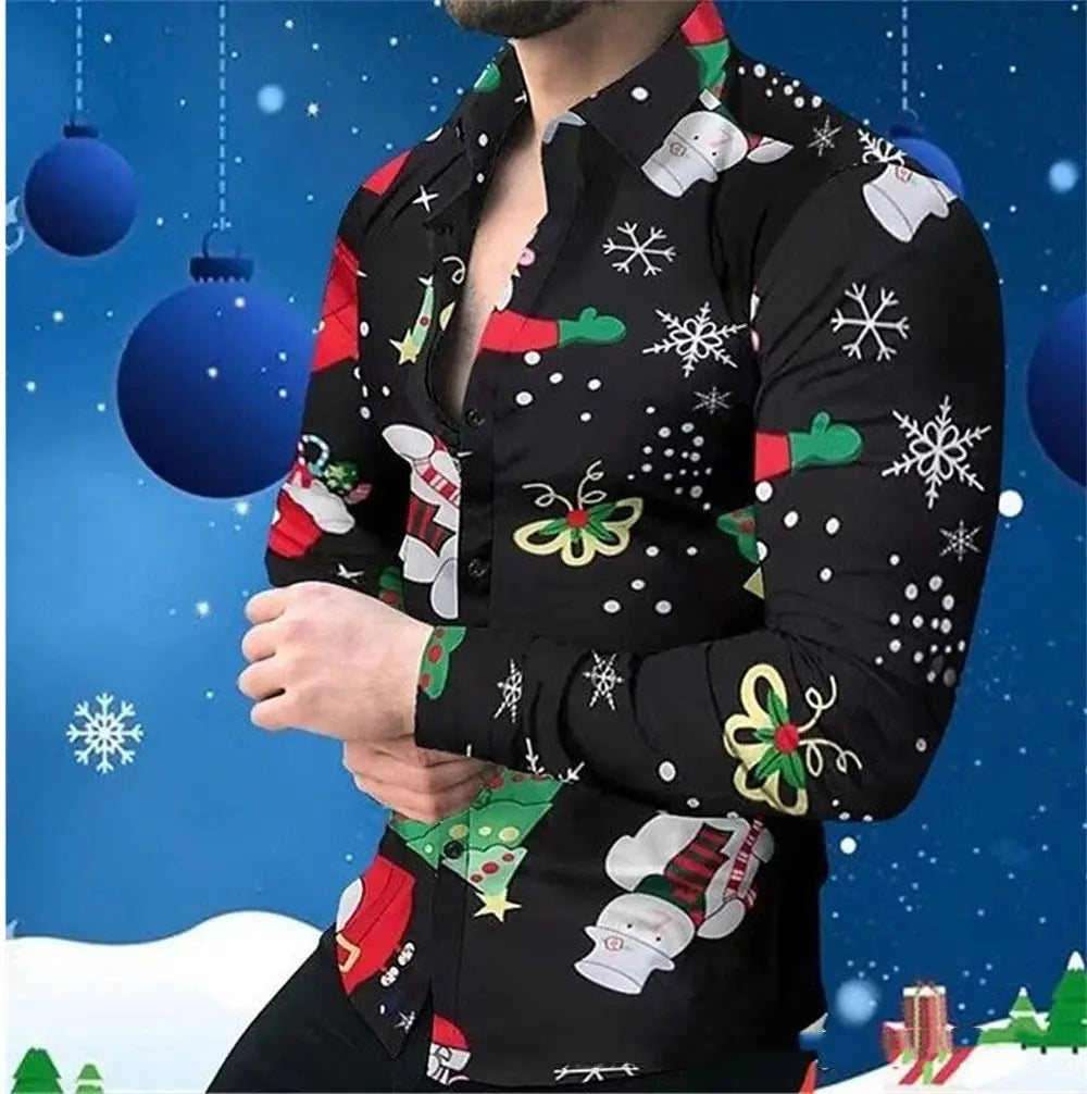 Mens Christmas print button up shirt in black long sleeve featuring festive snowmen, mittens, and snowflakes patterns in red, green, white, and yellow.