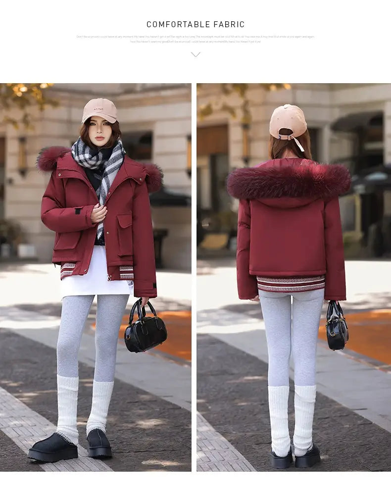 Maroon faux fur collar puffer jacket featuring a plush fur-lined hood designed for warmth and style.
