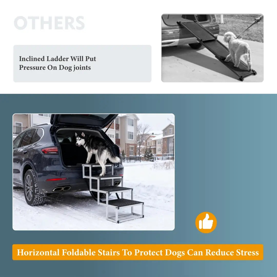 foldable black and silver dog ramp with textured non-slip steps designed for cars and suvs with a 250lb capacity.