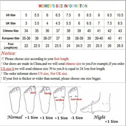 The image displays a detailed women’s shoe size conversion chart in us uk chinese european sizes and foot length in centimeters for rhinestone high heel sandals embellished mule shoes.