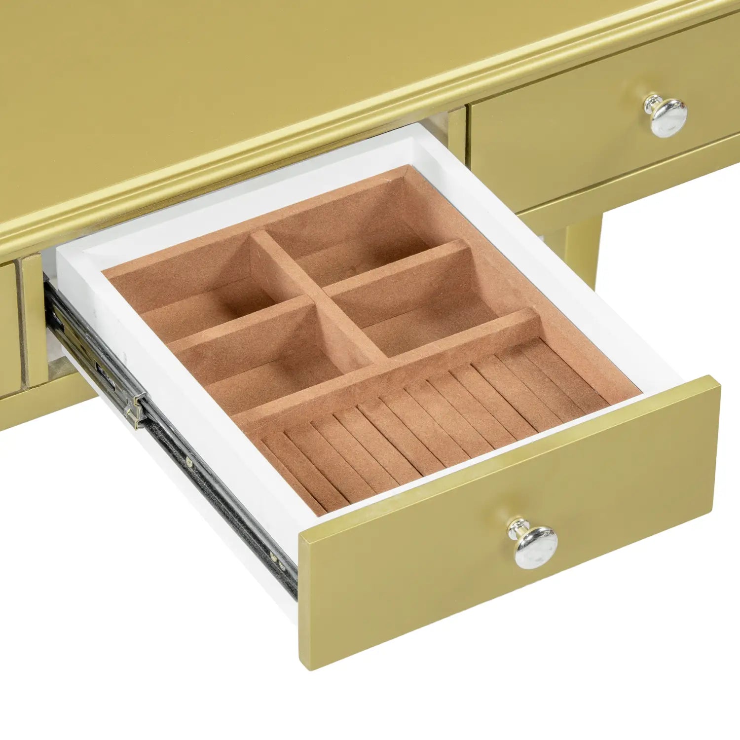 gold-finished wooden jewelry drawer organizer with segmented compartments and white interior lining for gold makeup vanity desk with oval mirror and 3 drawers