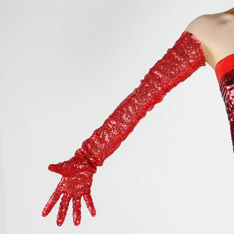 red sequined long opera gloves made of mesh fabric displayed as part of a sequined mesh finger gloves set