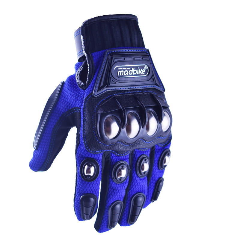 back side of blue and black madbike alloy knuckle motorcycle riding gloves unisex with reinforced knuckle guards and metallic accents designed for protection and durability.