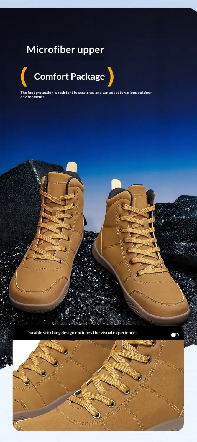 Hellbraune Mikrofas­er-Led­er-High-Top-Wanderstiefel mit breitem Zehenbereich und strapazierfähiger Ziernäh­te für anspruchsvolle Outdoor-Einsätze.
