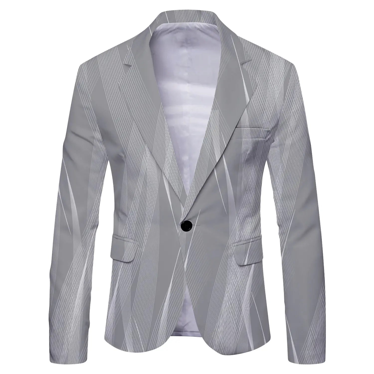 mens slim fit casual blazer british style suit in sleek gray with a modern geometric pattern and black button.