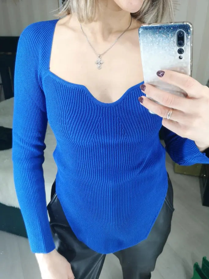 Vibrant royal blue ribbed knit long sleeve top with a sweetheart square neckline and fitted silhouette.