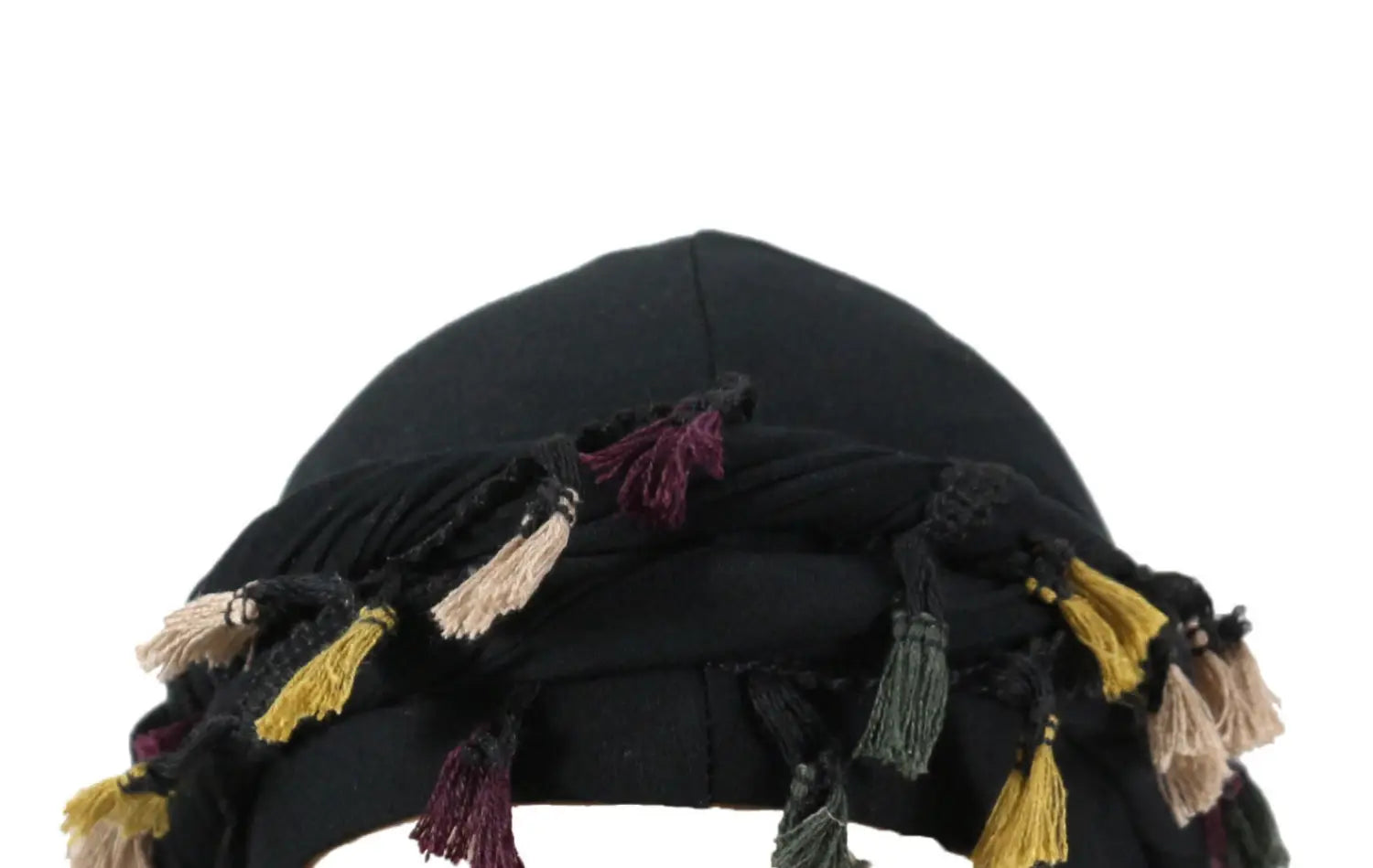 men satin lined beard twist cap in black fabric with colorful yellow beige and purple tassels shown from the back side