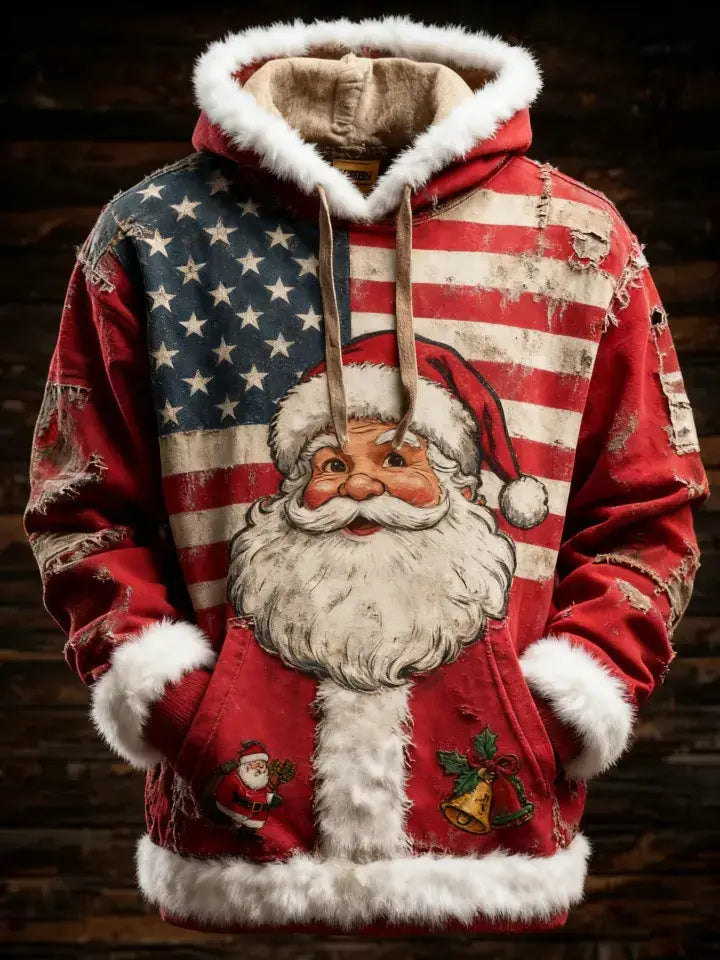 Red santa claus-themed hoodie with a distressed American flag design, white faux fur trim on the hood and cuffs, embroidered holiday details, and pockets for festive wear.